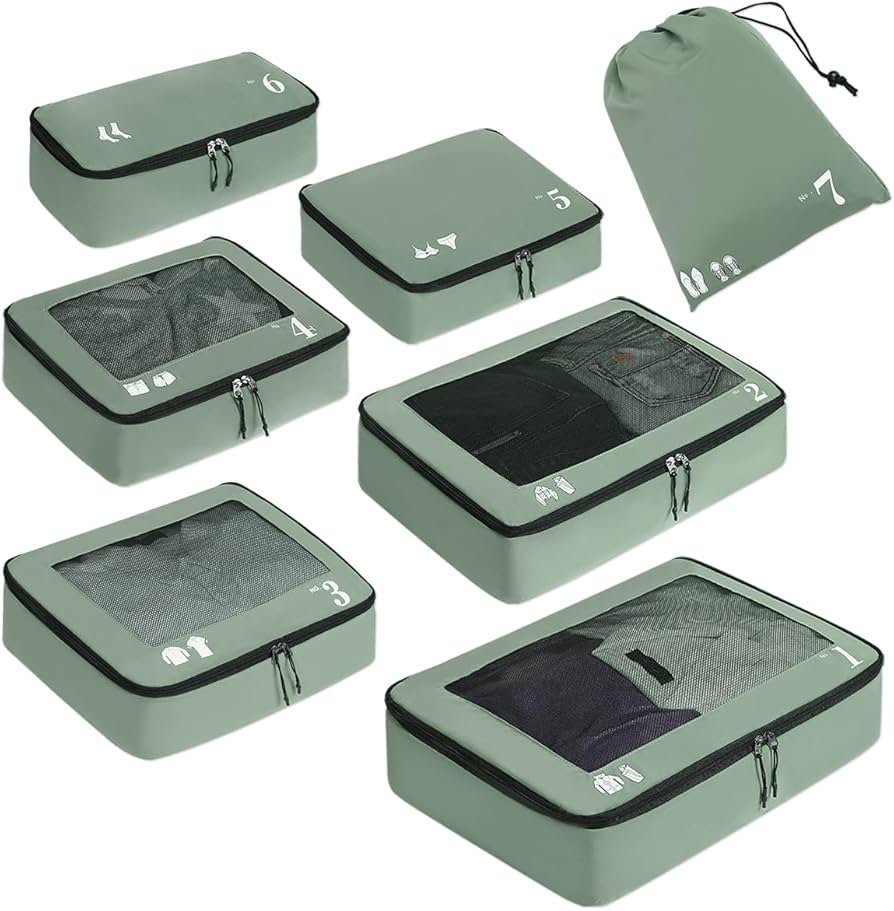 61up6csNMOL._AC_UF894,1000_QL80_ Packing Cube Set – Tear-Resistant Travel Organizers with Numbered Icons, Machine Washable, Perfect for Luggage & Suitcases (Green)