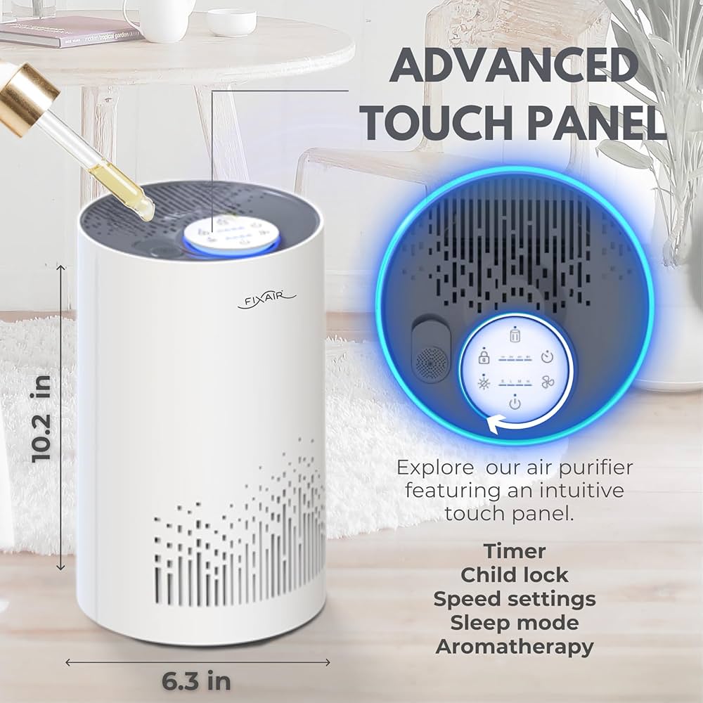 FIXAIR portable air purifier with H13 true HEPA filter, designed for large rooms, offices, bedrooms, and dorms. Effectively cleans the air of smoke, odors, pollen, pet dander, and allergens, featuring an essential oil diffuser and sleep mode for added comfort.