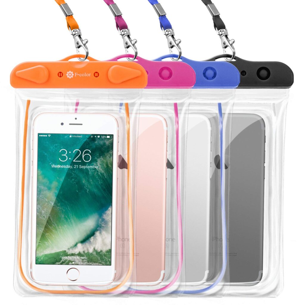 F-color floating waterproof phone pouch, designed to keep your phone safe and dry in water. Waterproof case ideal for protecting your phone during outdoor activities, swimming, or boating.