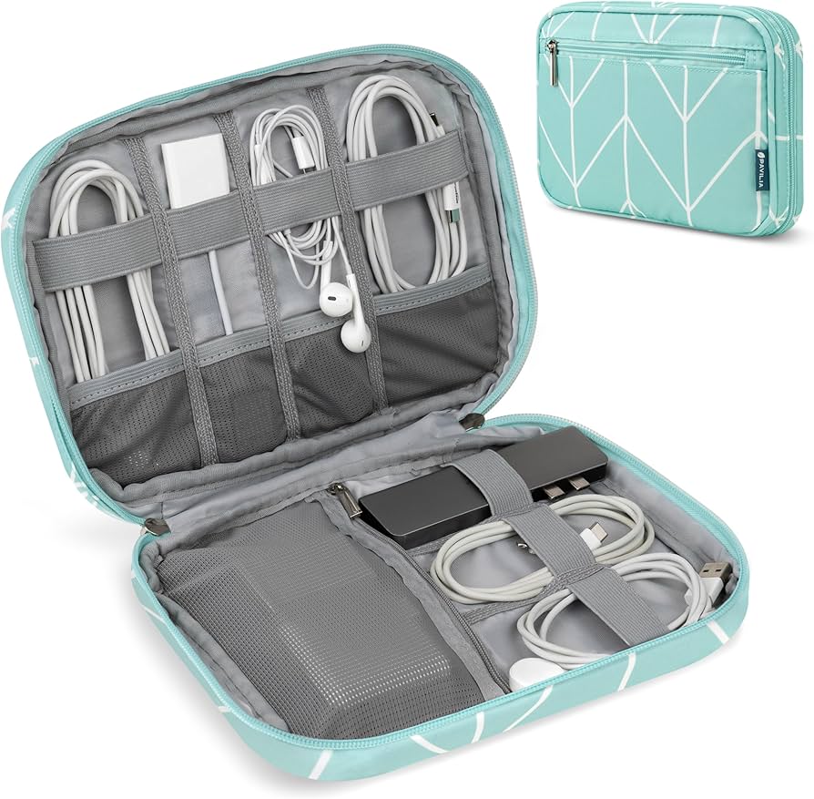 PAVILIA soft electronic organizer travel case in teal, designed to store small tech accessories. Features compartments for cables, chargers, USBs, and mobile phone accessories, making it an essential travel pouch for keeping cords and gadgets organized.