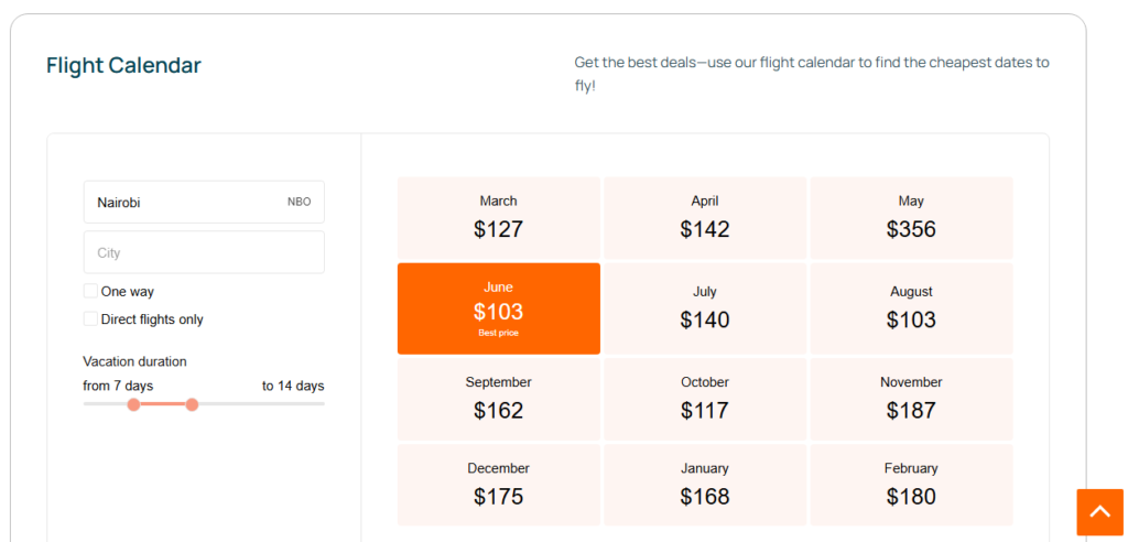 screenshot of a flight calendar on MyTripFaves.com