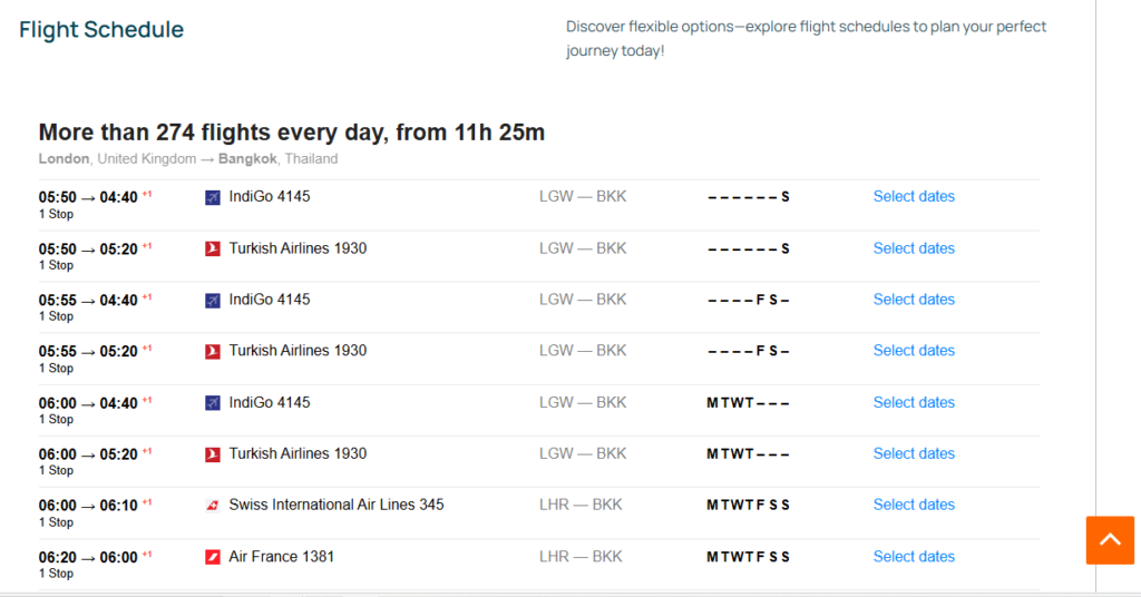 screenshot of a flight schedule on MyTripFaves.com