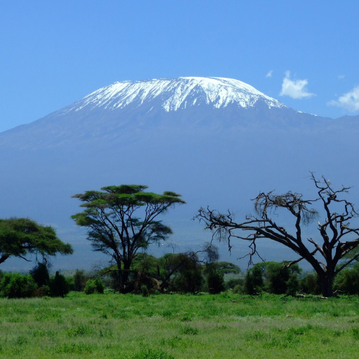 Stunning capture of Mount Kilimanjaro with its snowy peak against a clear blue sky in Tanzania.