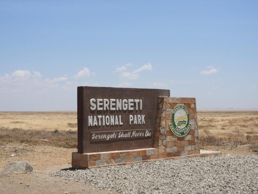 Iconic Serengeti National Park sign in Tanzania against a backdrop of expansive grasslands under a clear sky.