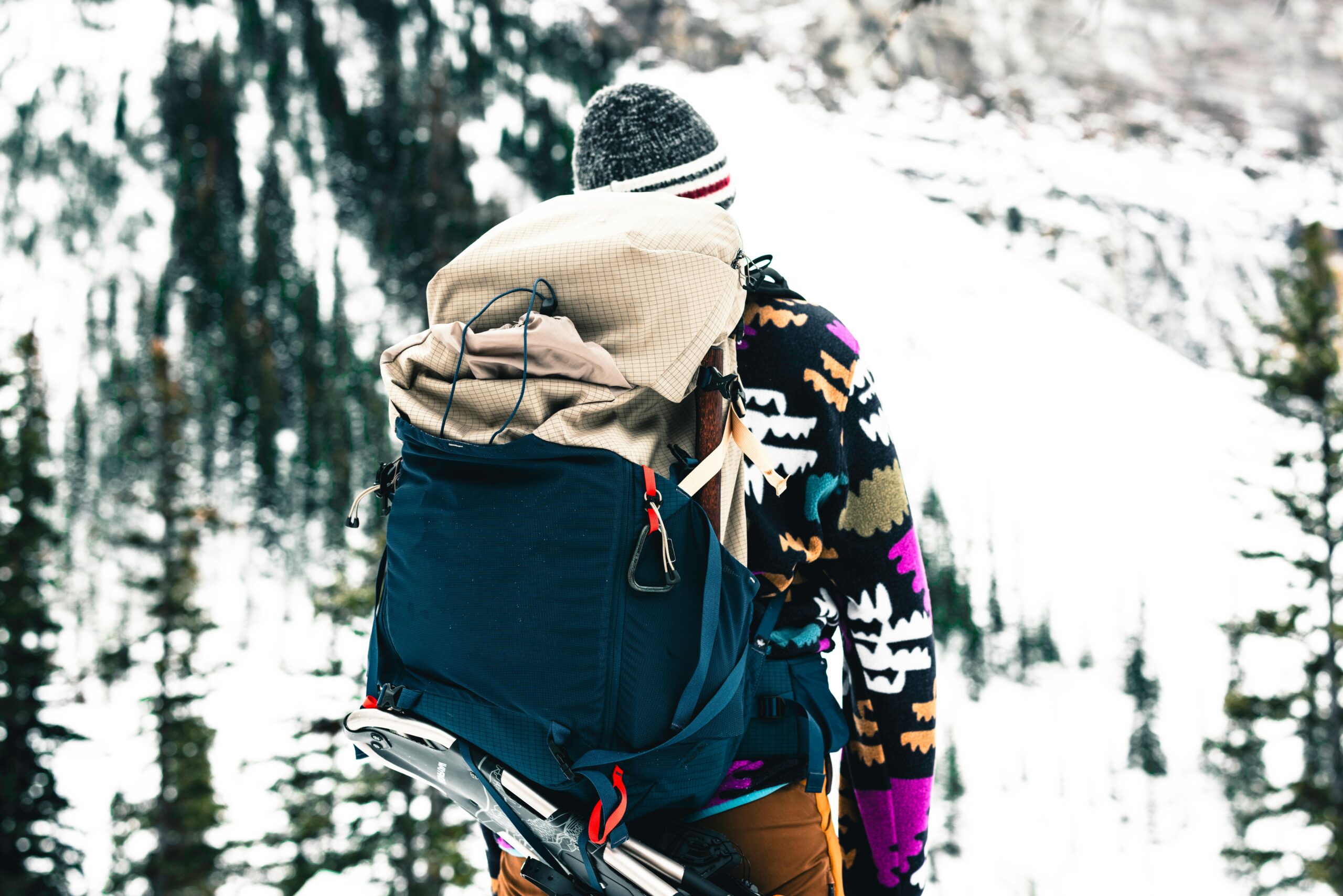 A hiker wearing a colorful jacket explores a snowy mountain in Glacier, Canada.