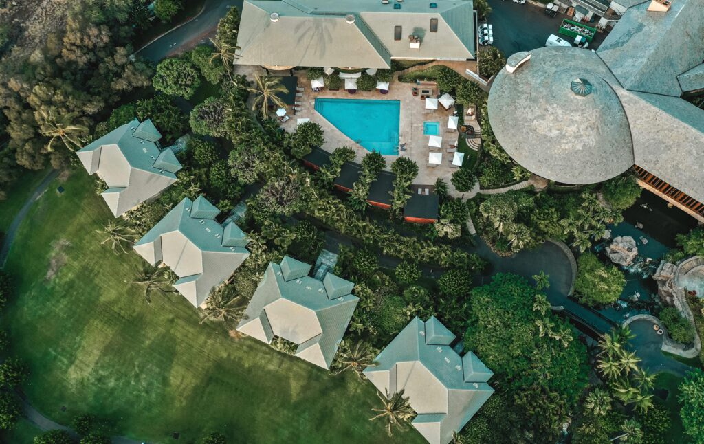 aerial view of a luxury hotel, safari lodge, resort, luxury resort, luxury safari resort, luxury lodge, aerial view