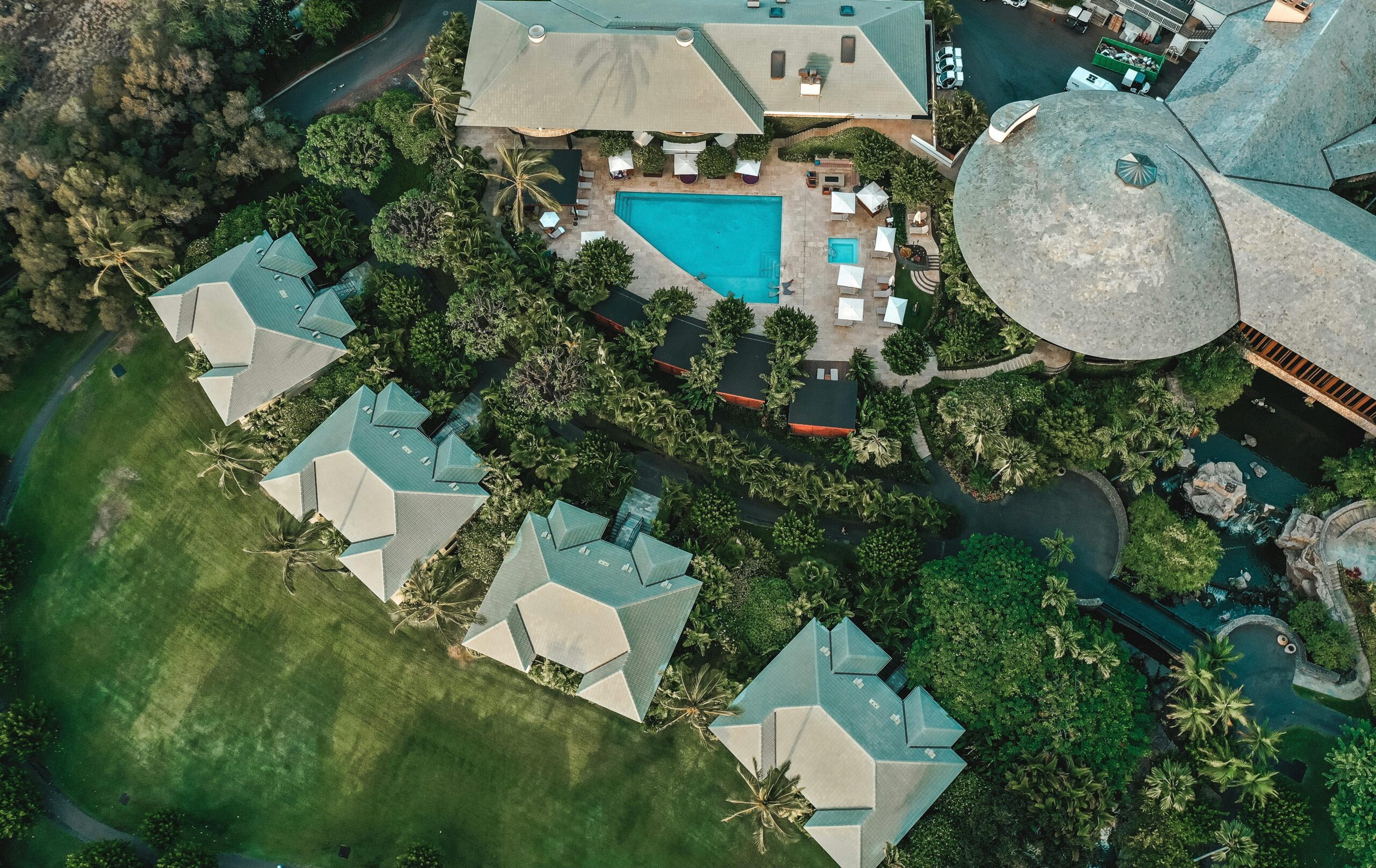 aerial view of a luxury hotel, safari lodge, resort, luxury resort, luxury safari resort, luxury lodge, aerial view